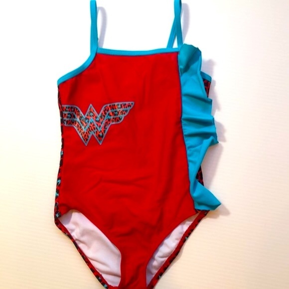 DC Comics Other - Wonder Woman One Piece Swimsuit Red Black Turquoise Leopard Print Girl’s Size 4T